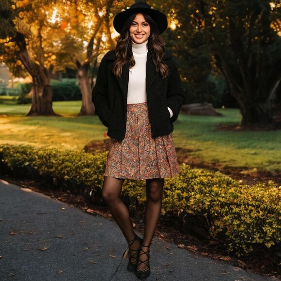 Anthropologie Maeve Pleated A-Line Mini Skirt Floral Rosia Print Pockets Bottom - Picture 3 of 12